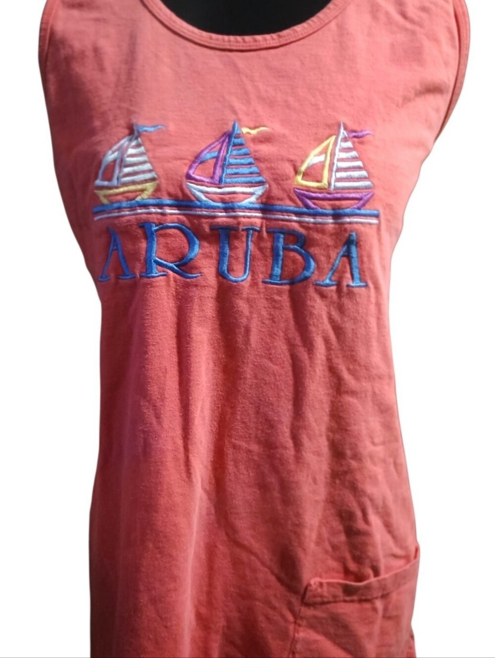 Cover-up Tank Dress Swimwear Aruba Embroidered Sailboat Beach W/Pocket One Size - Picture 2 of 10